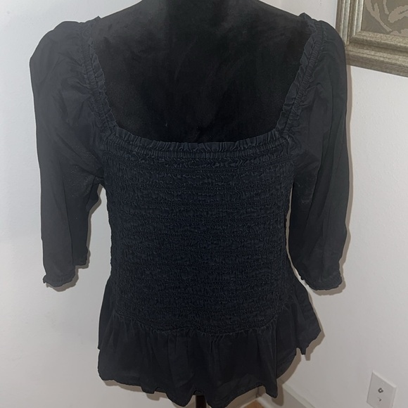 LOFT black smocked poplin puff sleeves cropped top blouse sz L - Picture 2 of 7